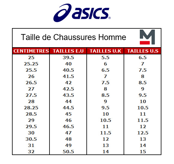 Taille store asics homme